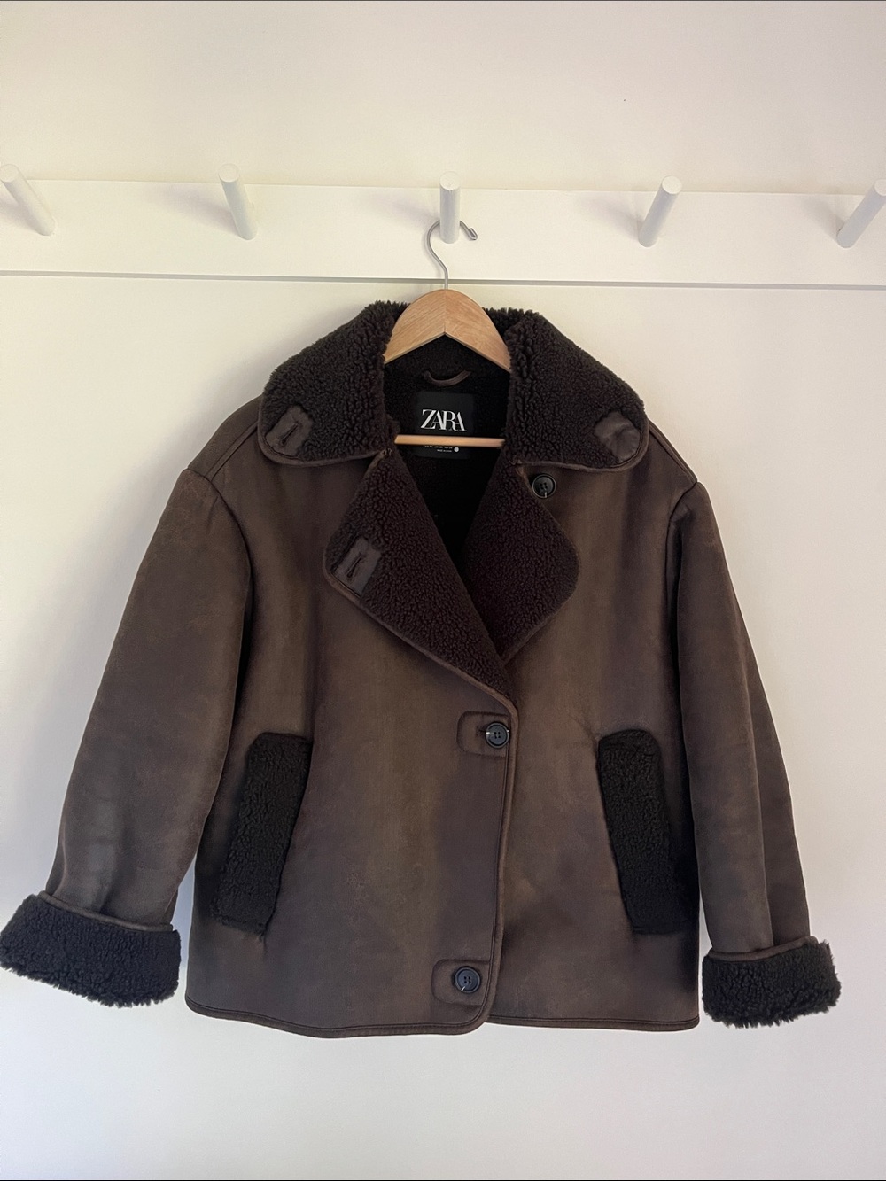 Zara Dark Brown Faux Leather Shearling Pea Coat XS